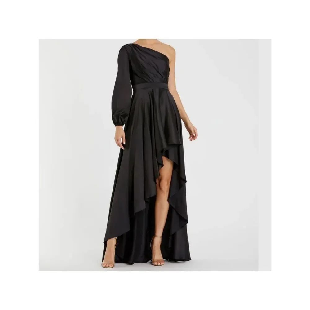 Mac Duggal 49141 High Low One Shoulder Flowy Satin Maxi Gown $398